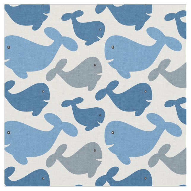 Cute Navy Blue Gray Whale Pattern Fabric (Close Up)