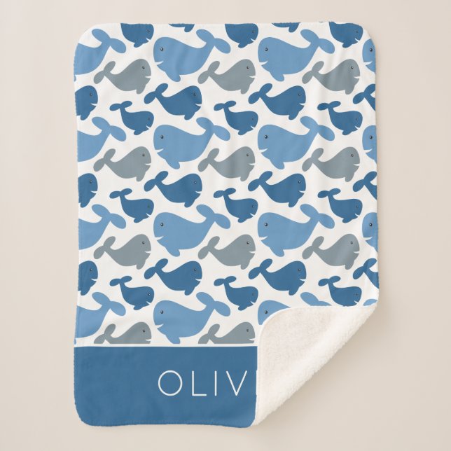 Cute Navy Blue Grey Whale Personalised Boy Sherpa Blanket (Front)