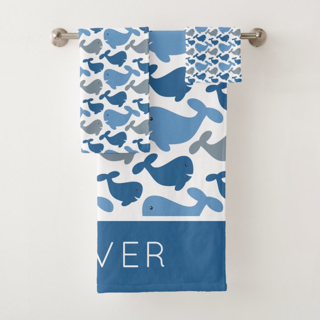 Cute Navy Blue Grey Whale Personalised Kids Bath Towel Set (Insitu)