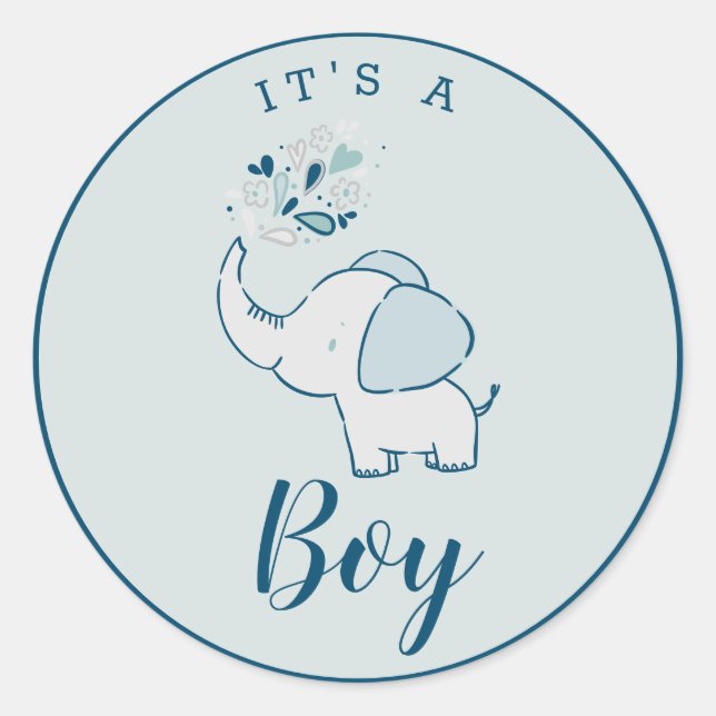 Cute Navy Blue & Mint Elephant It's a Boy Favour Classic Round Sticker (Front)