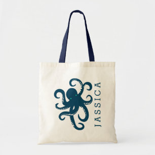 Cute Navy Blue Octopus Illustration Tote Bag