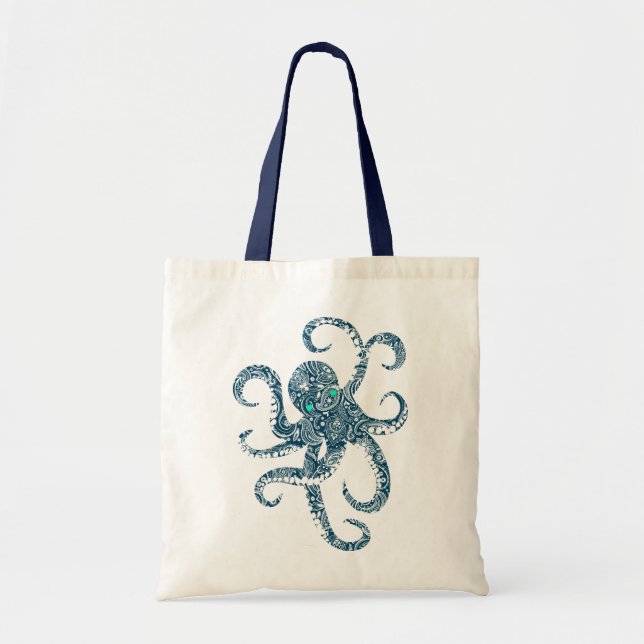 Cute Navy Blue Octopus White paisley Overlay Tote Bag (Front)