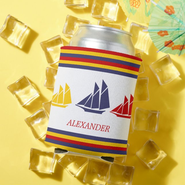 Cute Navy Blue Red Yellow Sailboat Stripe nautical Can Cooler (In Situ Summer)