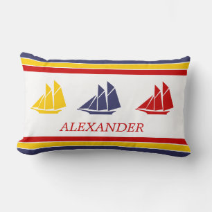 Cute Navy Blue Red Yellow Sailboat Stripe nautical Lumbar Cushion
