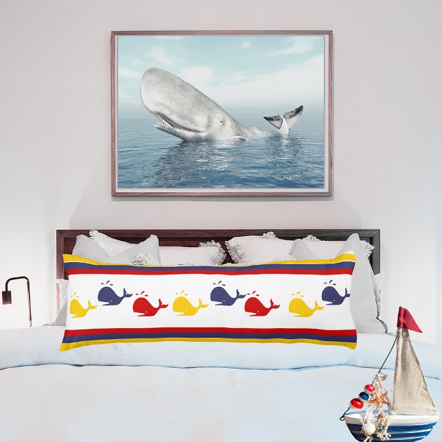 Cute Navy Blue Red Yellow WHALE  Striped nautical Body Cushion (Creator Uploaded)