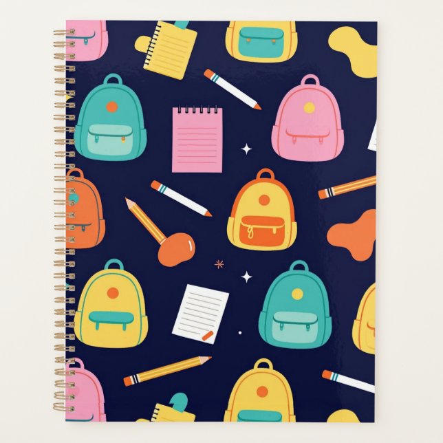 Cute Navy Blue School Backpacks Pattern Aesthetic Planner (Front)