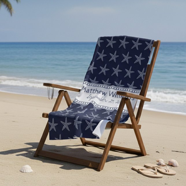 Cute Navy Blue Starfish Custom Beach Towel (Creator Uploaded)