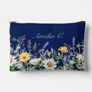 Cute Navy Blue Watercolor Wildflowers Cosmetic Bag