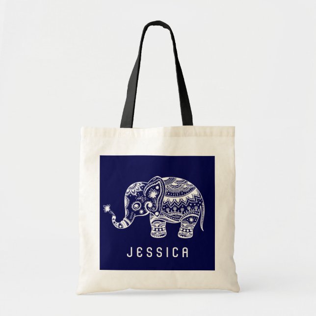 Cute Navy-Blue & White Floral Elephant Tote Bag (Front)