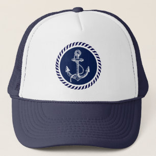 Cute Navy Blue & White Nautical Boat Anchor 4 Trucker Hat