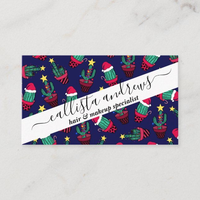 Cute Navy Decorated Cactus Tree Christmas Lights Business Card (Front)