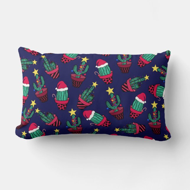 Cute Navy Decorated Cactus Tree Christmas Lights Lumbar Cushion (Front)