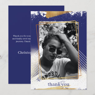 Cute Navy & Gold Framed Graduation Thank You Card