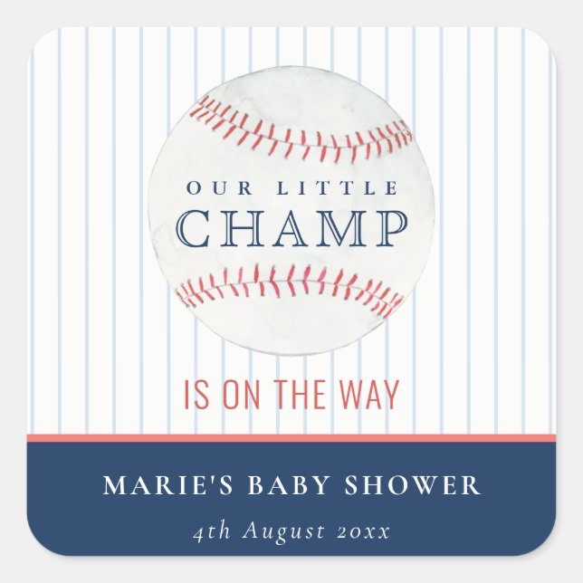 Cute Navy Our Little Champ Baseball Baby Shower N Square Sticker (Front)