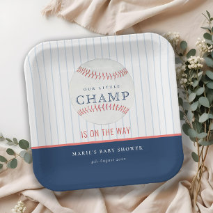 Cute Navy Our Little Champ Baseball Baby Shower Paper Plate