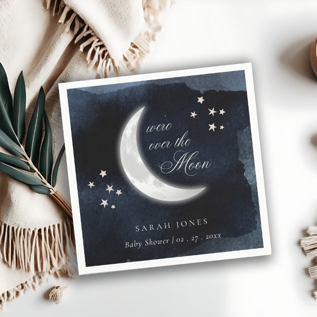 Cute Navy Over the Moon Glowing Stars Baby Shower Napkin (Creator Uploaded)
