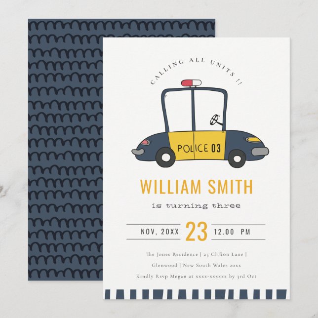 Cute Navy Police Car Kids Any Age Birthday Invite (Front/Back)