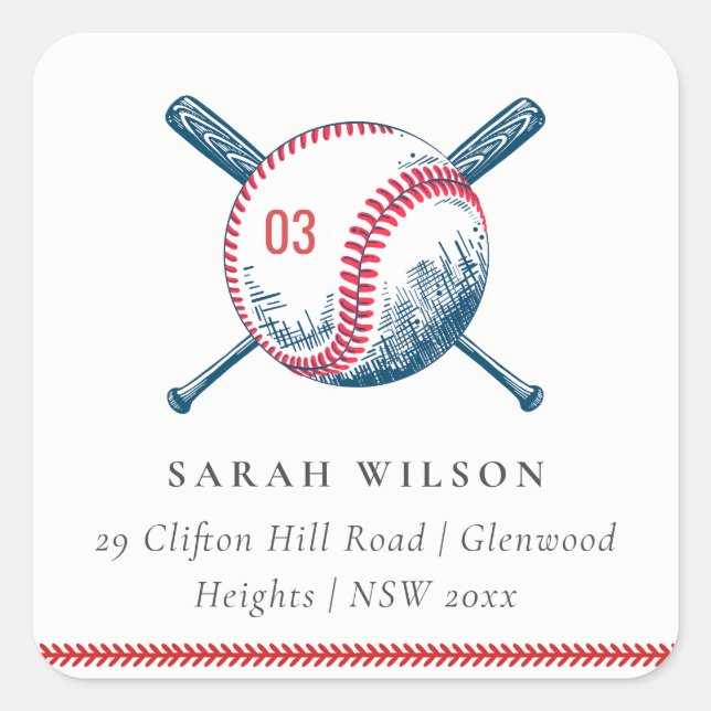 Cute Navy Red Baseball Bat Star Kids Address Square Sticker (Front)