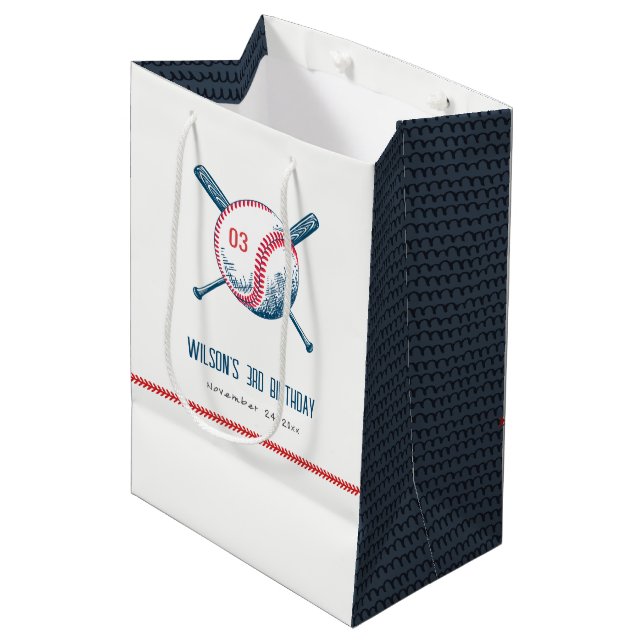 Cute Navy Red Baseball Bat Star Kids Birthday Medium Gift Bag (Front Angled)