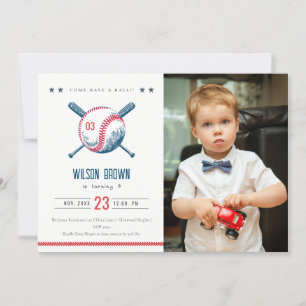 Cute Navy Red Baseball Kids Photo Birthday Invitation