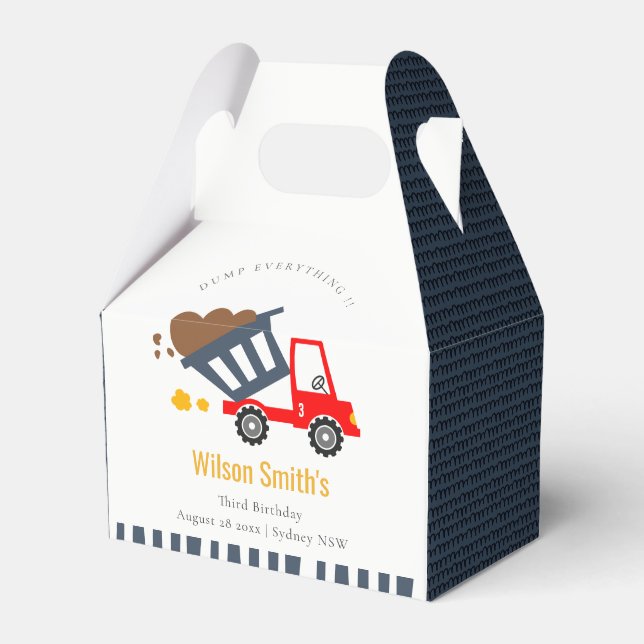 Cute Navy Red Dump Truck Kids Any Age Birthday Favour Box (Front Side)