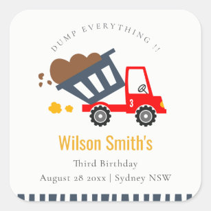 Cute Navy Red Dump Truck Kids Any Age Birthday Square Sticker