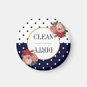 Cute Navy White Dots Floral Clean Dirty Dishwasher Magnet