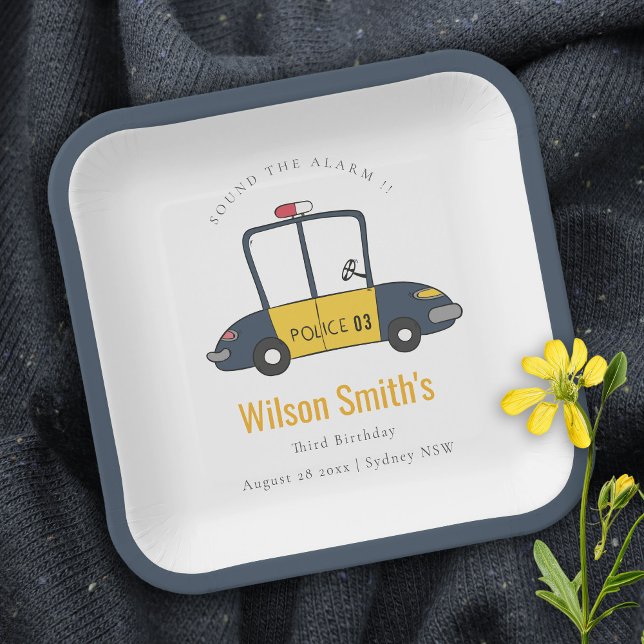 Cute Navy Yellow Police Car Kids Any Age Birthday Paper Plate (Creator Uploaded)