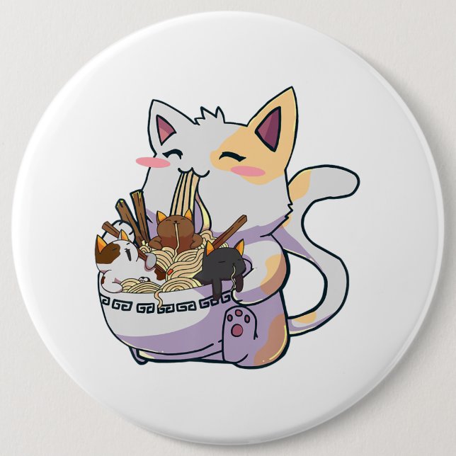 Cute Neko Cat With Ramen Noodles Bowl Anime Japan  6 Cm Round Badge (Front)