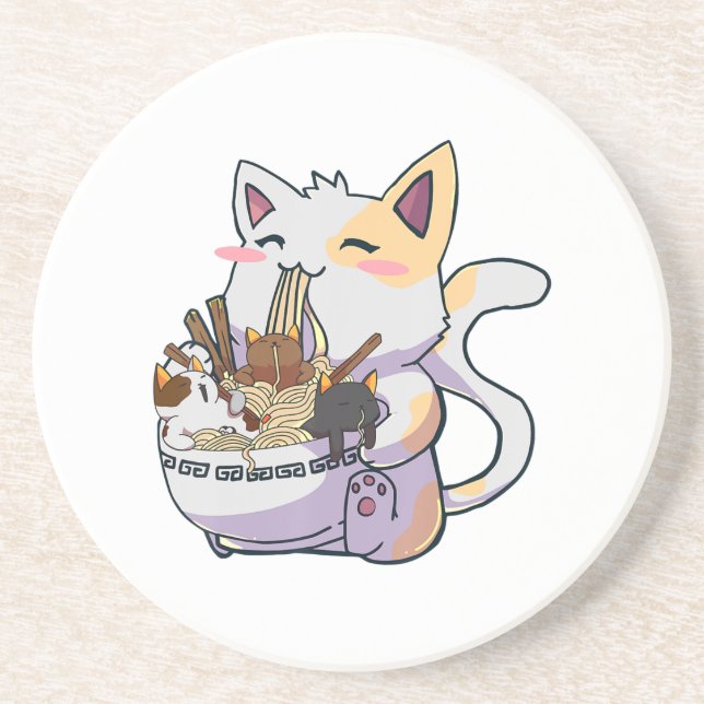 Cute Neko Cat With Ramen Noodles Bowl Anime Japan  Coaster (Front)