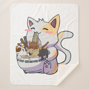 Cute Neko Cat With Ramen Noodles Bowl Anime Japan  Sherpa Blanket