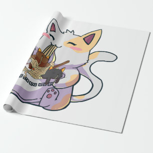 Cute Neko Cat With Ramen Noodles Bowl Anime Japan Wrapping Paper
