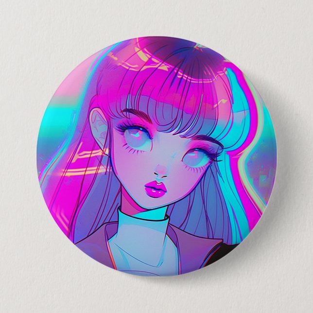 Cute Neon Anime Girl Button (Front)