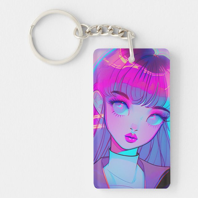 Cute Neon Anime Girl Keychain (Front)