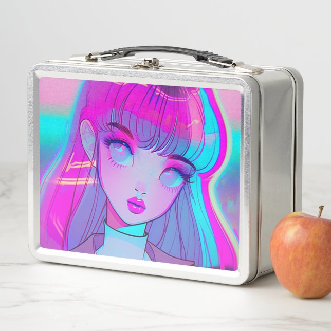 Cute Neon Anime Girl Metal Lunch Box (In Situ)