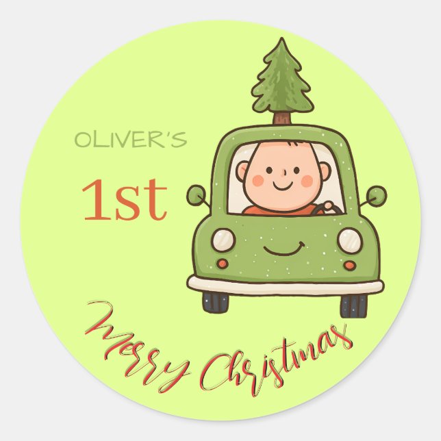 Cute Neon Baby with Farm Truck 1st Christmas  Classic Round Sticker (Front)