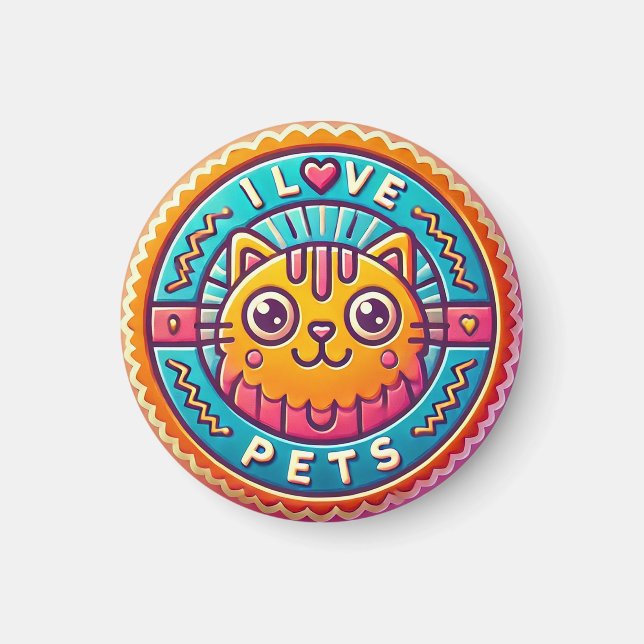 Cute Neon Cat Badge Magnet (Front)