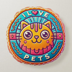 Cute Neon Cat Badge Round Cushion
