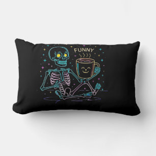 Cute Neon Skeleton Drinking Coffee – Funny Pastel Lumbar Cushion