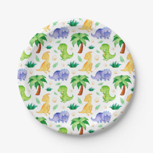 Cute Neon Watercolor Dinosaur Pattern Paper Plate