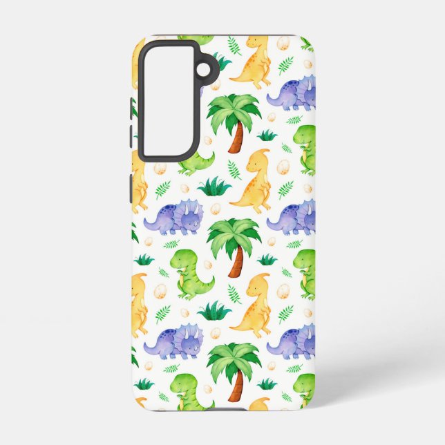 Cute Neon Watercolor Dinosaur Pattern Samsung Galaxy S21 Case (Back)