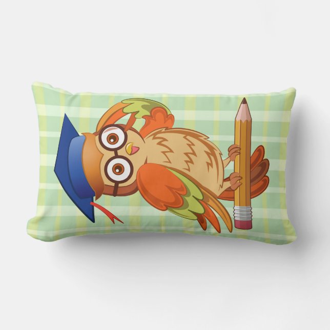 Cute nerd owl on top of a pencil lumbar cushion (Front)