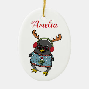Cute Nerd Penguin   Custom Name Christmas Ceramic Ornament