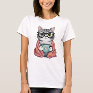 Cute Nerdy Cat Drinking Coffee T-Shirt