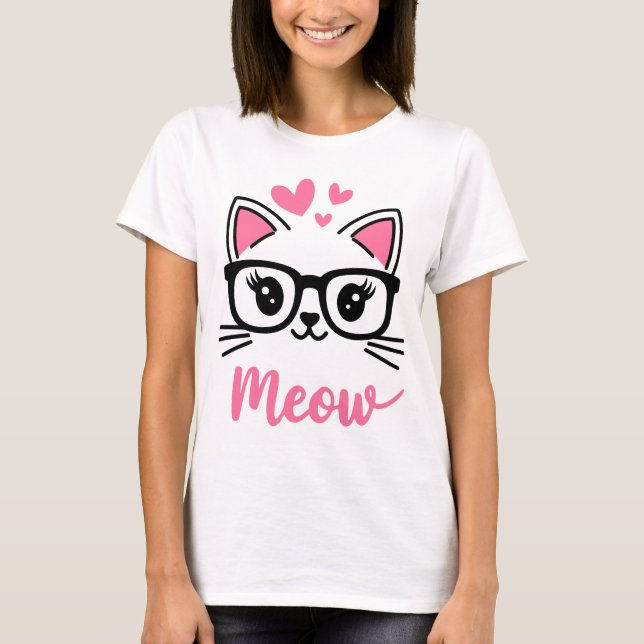 Cute Nerdy Cat - Meow Design Funny cat T-Shirt (Front)