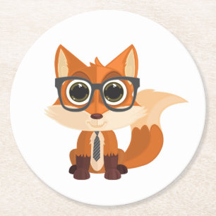 Cute Nerdy Fox Kawaii Cartoon Desk Aesthetic Home Round Paper Coaster
