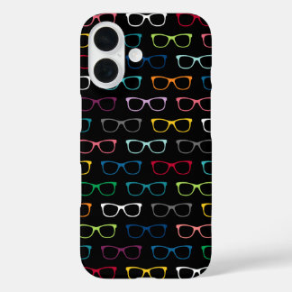 Cute Nerdy Hipster Glasses Pattern Colourful Black iPhone 16 Case