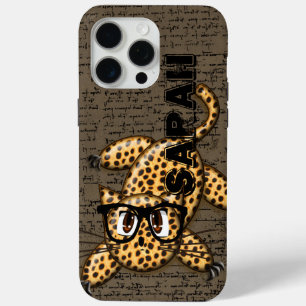 Cute Nerdy Leopard Cat Wearing Glasses iPhone 15 Pro Max Case