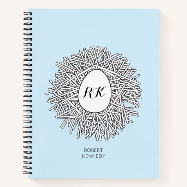 Cute Nest & Egg Personalised Initials & Name Blue Notebook (Front)