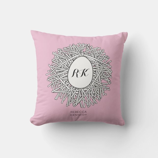 Cute Nest & Egg Personalised Initials & Name Pink Cushion (Front)